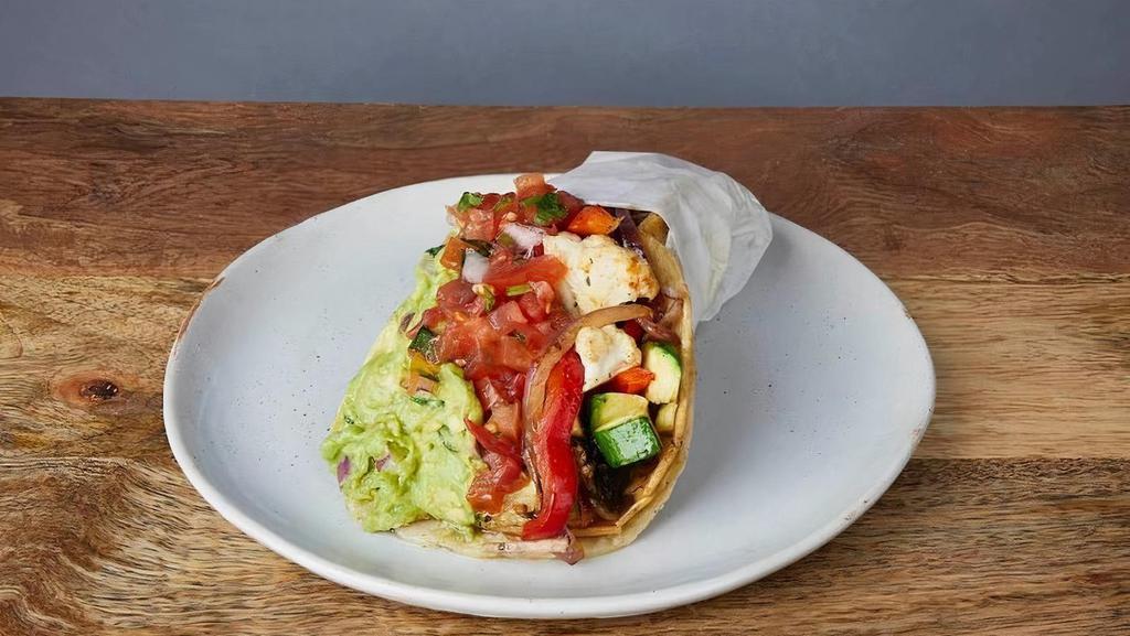 NICK'S WAY GRILLED VEGGIE :: · One taco with a grilled crispy corn tortilla wrapped in a soft corn tortilla. With seasonal grilled veggies, Jack cheese, pinto beans, pico de gallo, & guacamole