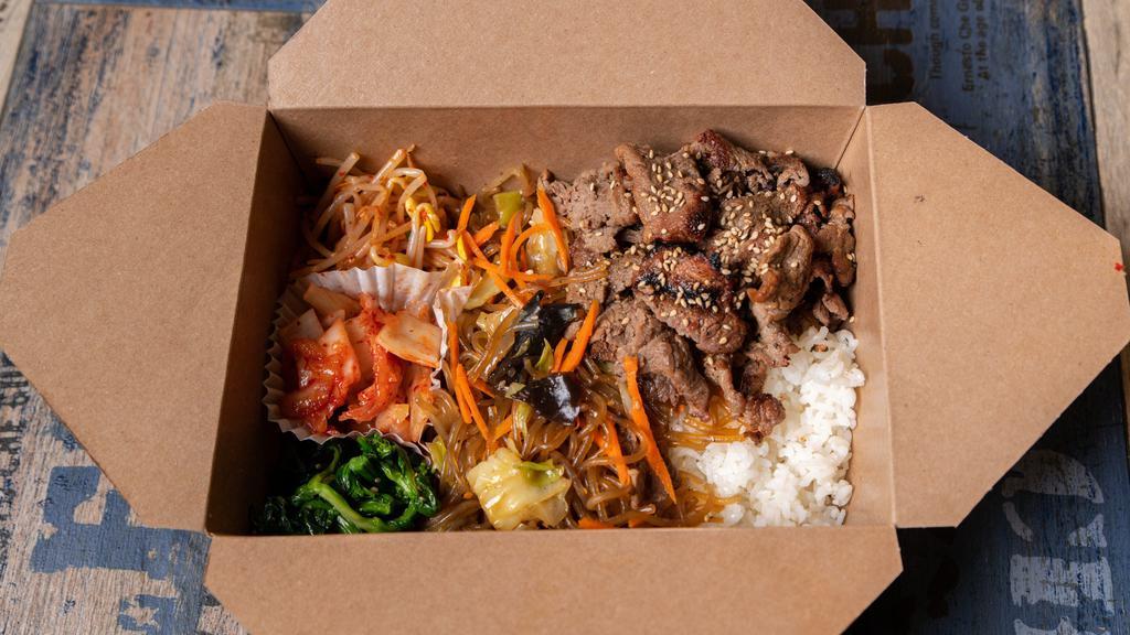 Bulgogi Rice Box - BBQ Rib Eye Beef · Includes
Choice of Rice,Meat, Japchae, 2 Seasonal Side Dishes and Kimchi