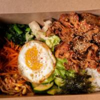 Spicy Pork Bibimbop - BBQ Gochujang Pork · Includes 
Choice of Rice, Meat, Variety of Seasonal Vegetables, Fried Egg and side of Spicy ...