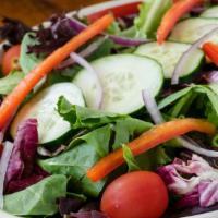 Garden (Party Size) · Mixed spring greens, red bell pepper, cucumber, red onion, and tomatoes.
