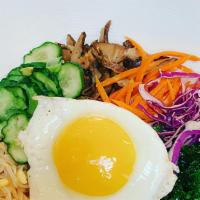 Mixed Rice Bowl / 비빔밥 · A bed of bean sprouts, spinach, mushroom, zucchini and julienned carrots server over rice an...