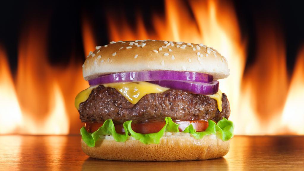 Cheese Burger · Six ounces premium grassfed beef steak burger patty (four ounces when fully cooked) with lettuce, tomato, red onions, cheese, and mayonnaise.