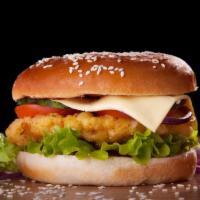 Spicy Crispy Chicken Sandwich · Breaded crispy chicken patty with hot sauce, tomatoes, onions, lettuce, del pickles, cheese ...