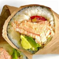Waku Waku California (Sushi Burrito) · Lightly grilled salmon or salmon sashimi grade(+$2), avocado, red radish, cucumber, pickled ...