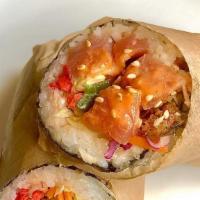 Puri Puri Poke · tuna or salmon sashimi grade (salmon +$1), fried zucchini, red radish, corn, pickled ginger,...