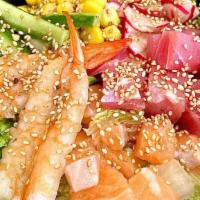 Sushinista Seafood Salad · sashimi salmon, sashimi tuna, shrimp, romaine lettuce, red radish, cucumber,	corn,  sesame s...