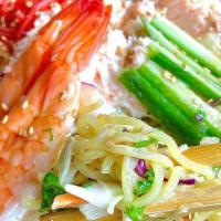SEAFOOD RAMEN SALAD · ramen noodle, crab salad, grilled salmon,	shrimp, cabbage mix,	cucumber, pickled ginger, ses...