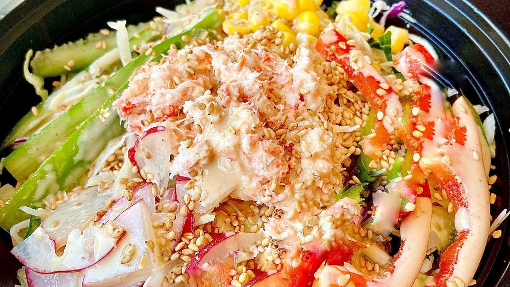 Creamy Crab Salad · crab salad, cabbage mix, red radish, cucumber, bell pepper, corn, sesame	seeds, creamy sesame	dressing