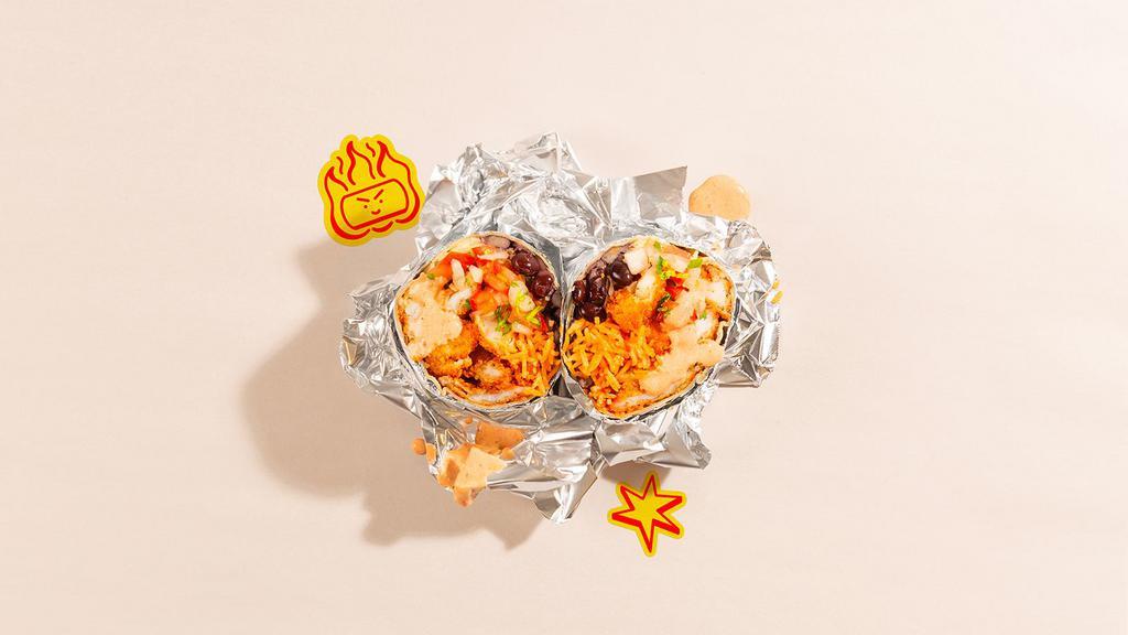 Fried Shrimp Wham! Burrito · House burrito with fried shrimp, Mexican rice, black beans, pico de gallo and salsa.