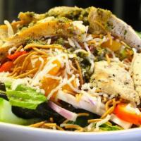 Warm Chicken Salad · Gluten-free.   Slices of chicken breast sauteed with mushroom,   red bell pepper,   roasted ...