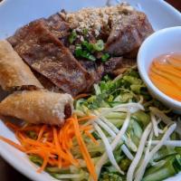 B4. Vermicelli with Grilled Pork & Fried Egg Rolls · Contains peanuts.  Request for no peanuts at time of order. 
Served with side of house fish ...