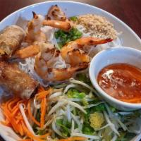 B8. Vermicelli with Grilled Shrimps & Fried Egg Rolls · Contains peanuts.  Request for no peanuts at time of order. 
Served with side of house fish ...