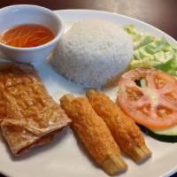 D9. Rice Platter with Shrimp Paste in Tofu Skin & Grilled Shrimp Sugarcane Skewer · 