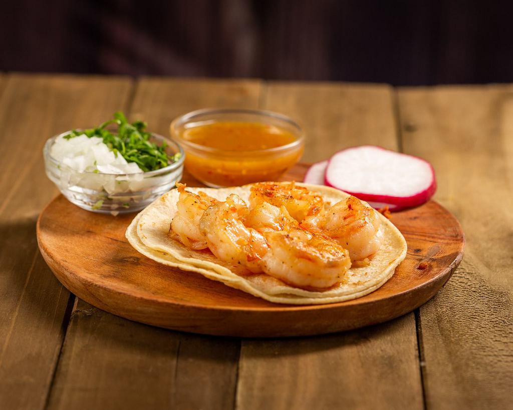 Shrimp Tacos · Shrimp, onion, cilantro and tomatillo salsa.