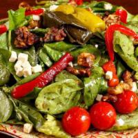 Spinach · Fresh spinach, roasted walnuts, tomatoes, feta and bell pepper.