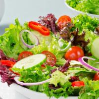 Dinner Salad · Chopped romaine lettuce, english cucumber, cherry tomatoes, red onions,  olives antipato.