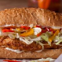 Fried chicken sandwich · Fried chicken breast, shredded romaine lettuce, tomatoes, provolone cheese, and mayo