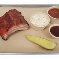 Smoked Rib Plate | BBQ Plate · 8oz of smoked ribs, served with your choice of sides, sauce, and pickle or jalapeño.