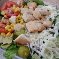 Chicken Salad · Lettuce, tomatoes, artichoke hearts, pepperoncini, corn, chicken breast (warmed up), and moz...