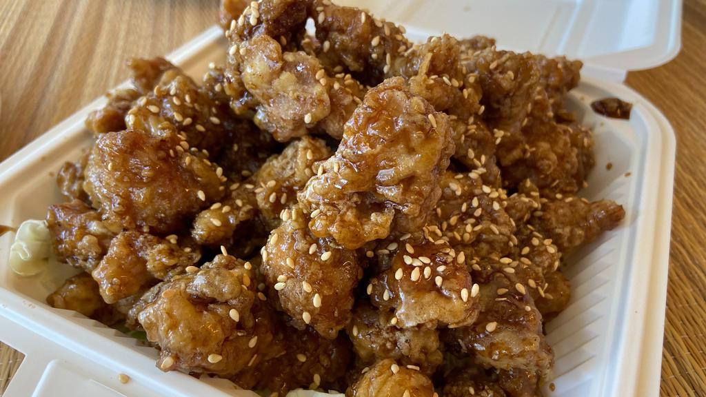 Tea Garden Teriyaki Chicken · Our specialty! Our famous secret teriyaki chicken is like no other. This dish is battered and deep fried then  caramelized in our secret sweet teriyaki sauce, topped with sesame seeds.