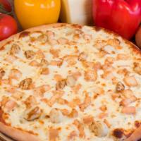 Garlic Chicken Alfredo (Personal - 9” - 4 Slices) · Homemade garlic alfredo sauce, chicken breast, mozzarella cheese, red onions and rosemary.