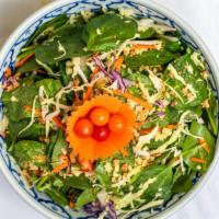 Bangkok Salad · Baby spinach, lettuce, shredded carrots, celery, tomatoes, bean sprouts, cilantro, scallions...