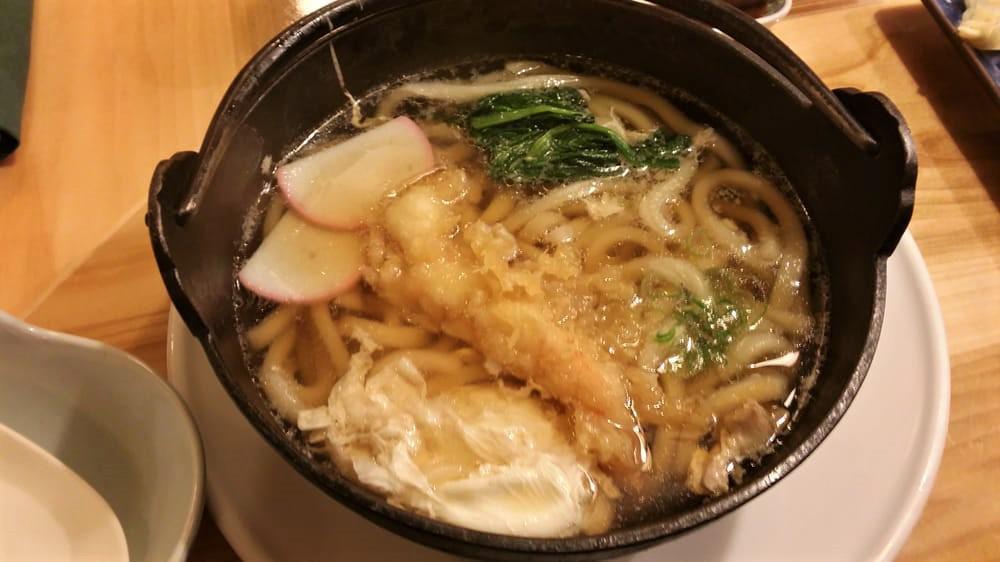 Nabeyaki Udon · Noodle soup with tempura egg and chicken.