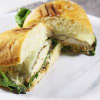 Grilled Chicken with Basil Pesto · With aioli, spinach, provolone, roasted bell pepper spread, sun dried tomato