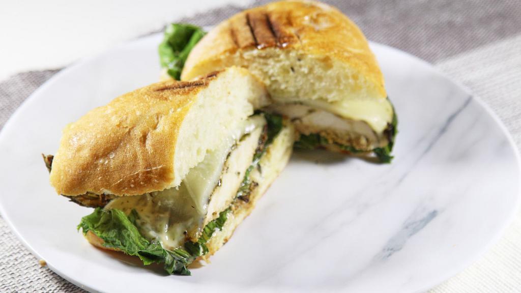 Grilled Chicken with Basil Pesto · With aioli, spinach, provolone, roasted bell pepper spread, sun dried tomato