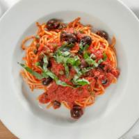 Spaghetti Olive e Capperi · Gaeta olives, capers, San Marzano tomato, and basil.