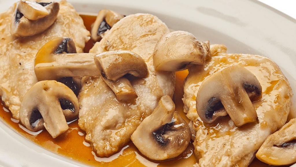 Chicken Marsala · Baby portobello mushrooms in a traditional Marsala wine reduction