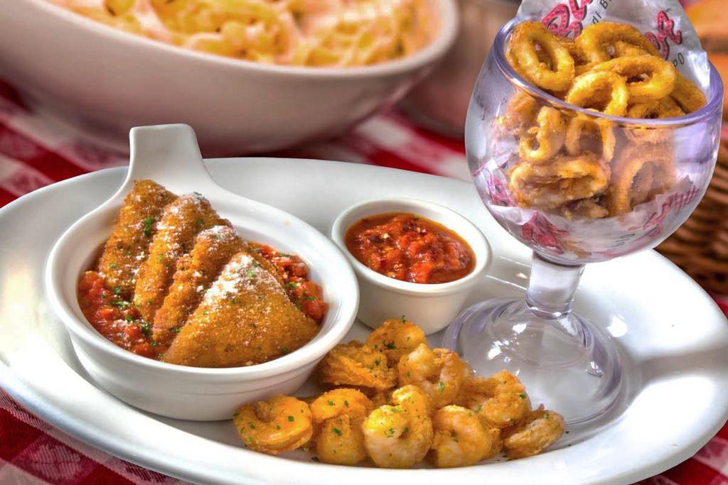 Buca Trio Platter · Fried Calamari, Fried Mozzarella, Spicy Shrimp.