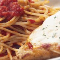 Chicken Parmigiana · topped with our homemade marinara sauce, Roma tomatoes, basil & mozzarella served with a sid...