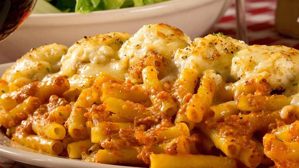 Baked Ziti · mozzarella, provolone & rosa sauce tossed & topped with ricotta & Italian-style bread crumbs.