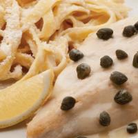 Chicken Limone · lemon butter sauce & capers served with a side of fettuccine alfredo.
