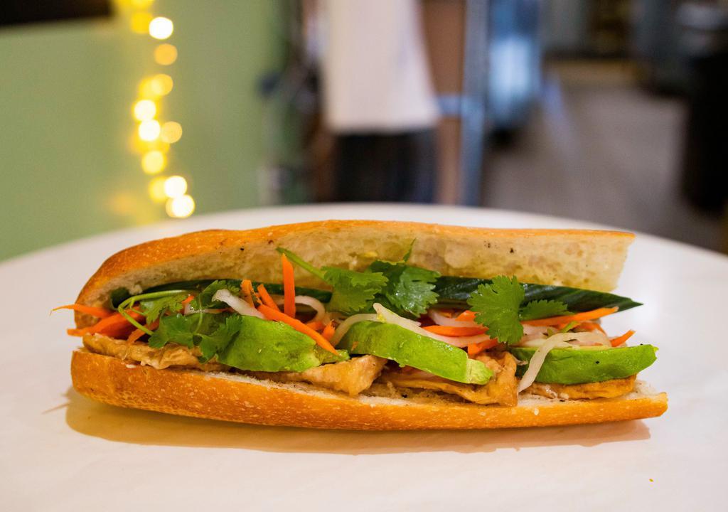 BM7. Avocado Veggie Sandwich · Avocado, tofu, and a mix of vegetables in a Vietnamese style baguette for the perfect vegan/vegetarian option.