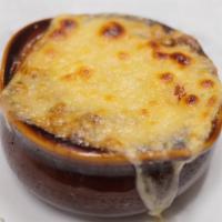 French Onion Soup · With a crostini and melted cheese.