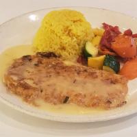Calamari Steak Dore · lemon garlic sauce, side rice, vegetables.