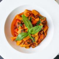 Rigatoni (homemade) · Spicy Italian Sausage, Mushrooms, Tomatoes, Roasted Red Bell Peppers, Sauce