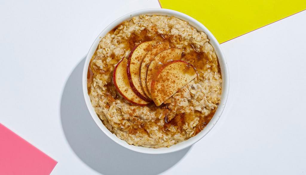 Maple Brown Sugar Oatmeal · Warm rolled oats with brown sugar, cinnamon, maple syrup, and apple slices.
