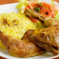 Roasted Chicken · Two whole roasted chicken legs Served with basmati rice, Salad, Hummus,