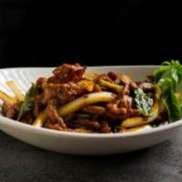 Basil Chili Beef · Choice Harris ranch beef tossed with dried chili flakes, spices, jalapeños and onions; finis...