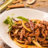 (C) Basil Chili Lamb · Strips of lamb tossed with dried chili flakes, spices, jalapeños and onions; finished with b...