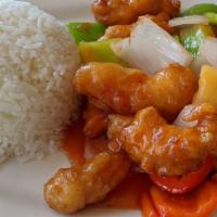 F1- Sweet and Sour Chicken · Battered & fried chicken sauteed with onions, pineapple, and bell peppers in a sweet & sour ...