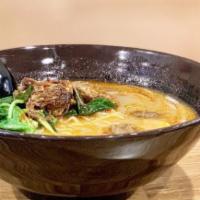 Braised Beef Ramen (Spicy) · Beef and chicken broth with braised spicy beef, mushroom, spinach and egg.