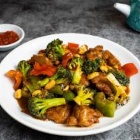 Kung Pao Vegan Chicken · Vegan chicken, peanuts, peppers, and chili peppers stir fried in a sichuan gravy. Garnished ...