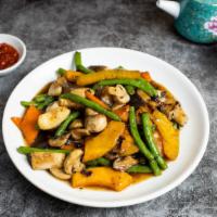 To Mushroom Too Soon · Wild mushrooms, pumpkins and string beans sauteed with Chinese spices