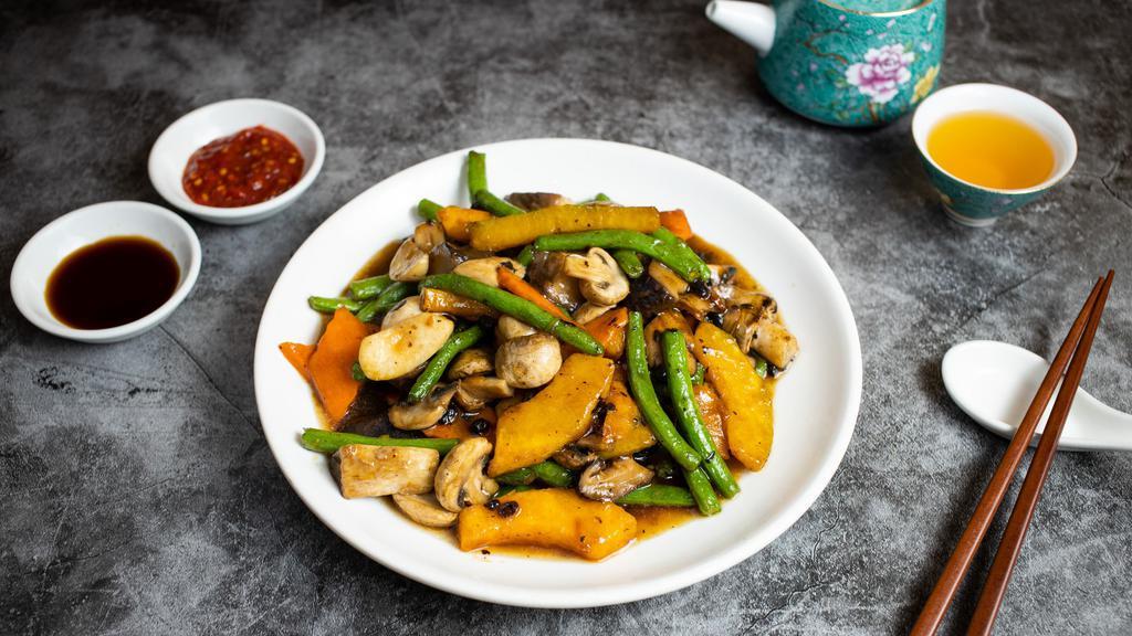 To Mushroom Too Soon · Wild mushrooms, pumpkins and string beans sauteed with Chinese spices