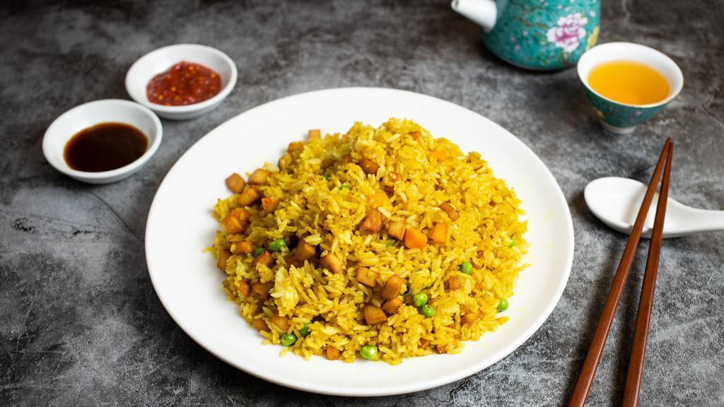 You Can't Curry Love (Curry Fried Rice) · Vegan chicken cooked and stir fried with curry fried rice