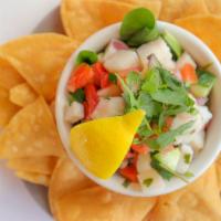 Ceviche · Fresh seasonal fish, cilantro, red onion, tomatoes, cucumber marinated in lime juice and ser...